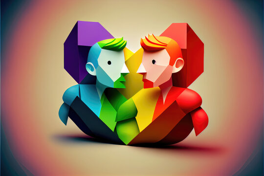 Creative AI generated gigapixel colorful illustration of cartoon homosexual men looking at each other on geometric heart against beige background background