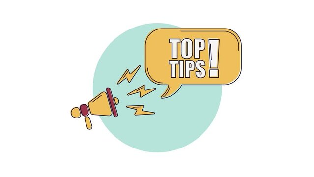 Top tips! Announcement Message With Megaphone On yellow Speech Bubble. Encouragement and Advertising Animation. 4k animation, motion design. Top tips text.
