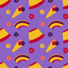 Fun colorful seamless pattern. Creative 90s style background for children or trendy design with panama, rainbow, ice, daisies. Simple and playful doodle wallpaper print.