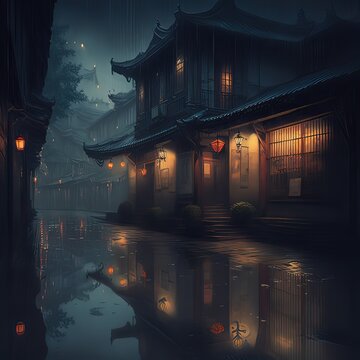 china ,night time rainy day, high quality Generative AI