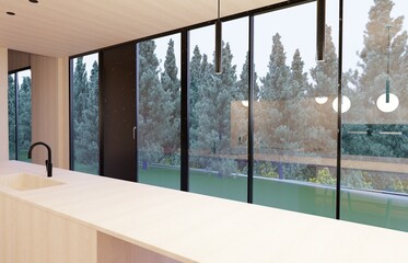 Fototapeta premium 3d rendering. minimal japanese inspired wooden kitchen interiors . modern wooden island table with black details and big windows on green view and tall trees. 3d illustration. elegant design mock up