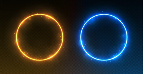 Neon circle frames, glowing round borders with smoke and sparkles, ice and fire portals concept. Avatar frames for game UI. Vector illustration.