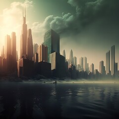 Fototapeta na wymiar New york city, city, smog, global warming, polluted water, polluted air, apocalypse, Generative AI 