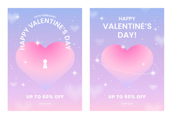 Happy Valentine's Day greeting card set. Gradient, Typography poster, 3D, y2k aesthetic. Social media template. Digital marketing, Sale, Fashion advertising. Banner, Flyer. Trendy vector illustration. - 567090732