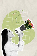 Composite collage photo of young woman orator loudspeaker announcement information new march...