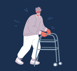 Cartoon vector illustration of man walking with rollator
