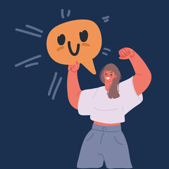 Cartoon vector illustration of happy woman hold speech buble with cherry emotion inside. Good feedback