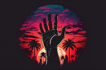 Banner with a hand raised at sunset. Ai Generated