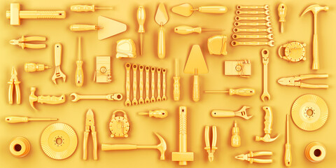 colored yellow tools set background concept of repair tools warehouse promotion 3d render - 567091749