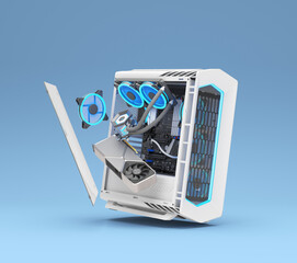 Computer Gaming PC with neon light Futuristic modern workplace 3d render on blue