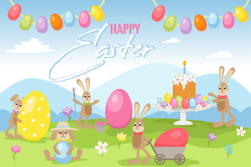 Happy Easter Day card tamplate. Rabbit with easter eggs, easter cake, sunny spring landscape and green meadow. Flat vector illustration