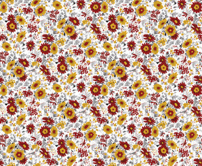 Repeatable floral pattern consisting of colorful scatter flowers on white background.