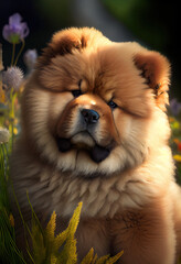 Chow chow puppy playing in the garden, generative AI