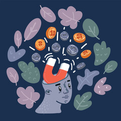 Fototapeta premium Cartoon vector illustration of magnet attracts money to human head. Money making concept