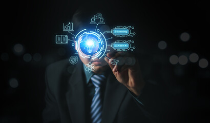 bussinessman holding magnifier glass focus to E-learning, E-learning Education Internet Technology Webinar Online Courses concept.