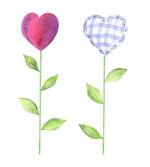 Illustration with heart flowers painted in watercolor isolated