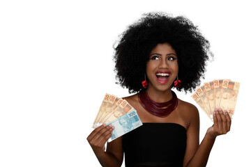 woman holding money, young smiling woman holding Brazilian money	