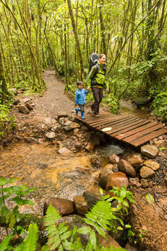 Mother and son walk through Costa Rican Rainforest