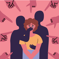 Vector illustration of sexual harassment. Frightened girl suffering from aggressive behavior. The condemning hand gestures are directed at the crying girl.