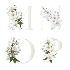 Floral Alphabet. Letters with white botanic springs flowers, branch bouquet composition. Wedding invitations, birthdays. Vector illustration.