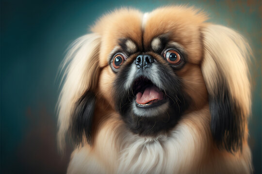 Studio portrait of a pekingese dog with a surprised face, concept of Pet Photography and Surprised Expression, created with Generative AI technology