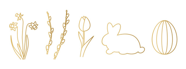 golden easter icon set: bunny, egg, tulip, willow twig, tulip and daffodil flowers - vector illustration © chrupka