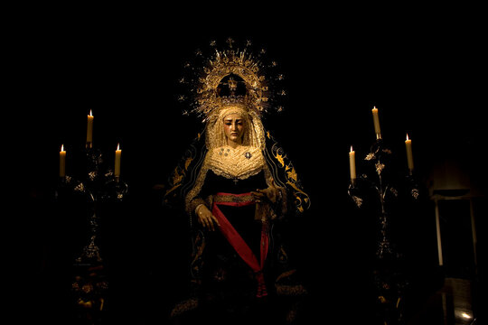 A wooden statue of the Virgin of Pain is publicly displayed before the Holy Week.
