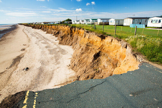 Collapsed coastal road at between Skipsea and Ulrome on Yorkshires East Coast, near Skipsea, England, UK