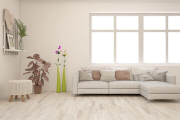 White living room with sofa. Scandinavian interior design. 3D illustration