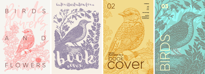 Birds and flowers. Spring. Nature. Engraving style. Typography posters design. Simple pencil drawing. Set of flat vector illustrations. Print, banner, label, cover or t-shirt.