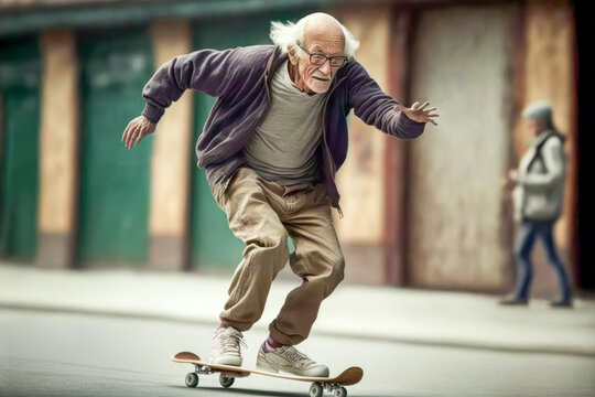 Old man skateboarding fast. Generative AI.