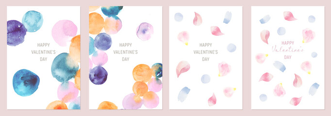  Premade Valentine's Day pos tcard, wedding invitation, save the date frame template. Watercolor hand painted simple abstract stains and flower petals illustrations.