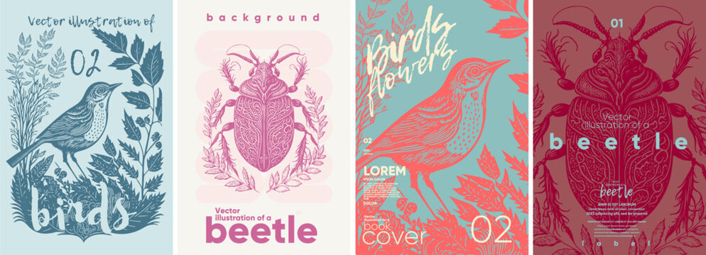 Birds, beetles and flowers. Spring. Nature. Engraving style. Typography posters design. Simple pencil drawing. Set of flat vector illustrations. Print, banner, label, cover or t-shirt.