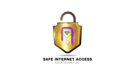 Online Internet safety day concept. International Safer internet day. Safe internet access text and web icon with shield background.