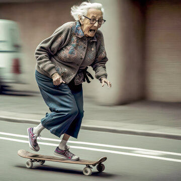 Old woman skateboarding. Generative AI.