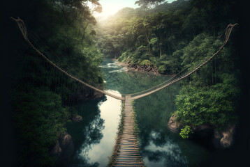 Fototapeta premium A rope bridge over a river gorge in the jungle. Made with Generative AI. 
