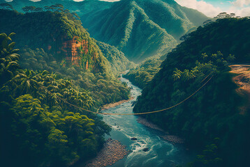 A rope bridge over a river gorge in the jungle. Made with Generative AI.	
