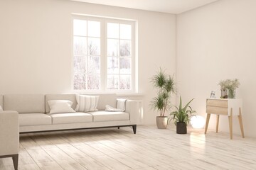White living room with sofa and winter landscape in window. Scandinavian interior design. 3D illustration