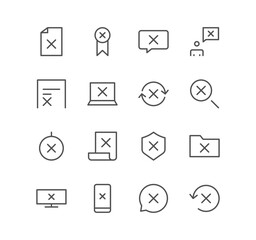 Set of reject related icons, refuse, cancellation, decline and linear variety vectors.
