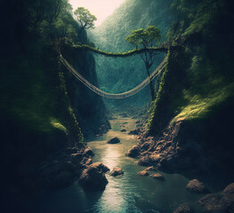 A rope bridge over a river gorge in the jungle. Made with Generative AI.	
