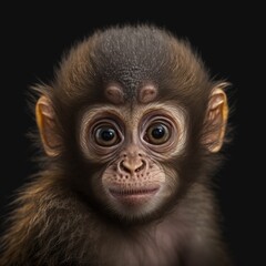 Photoshoot of a little monkey. Beautiful funny baby monkey on dark background. Generative AI