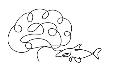 Silhouette of fish and brain as line drawing on white background