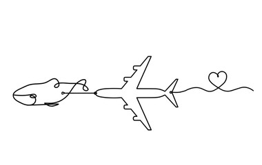 Silhouette of fish and plane as line drawing on white background