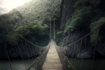 A rope bridge over a river gorge in the jungle. Made with Generative AI.	
