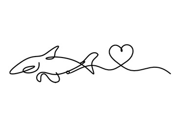 Silhouette of fish and heart as line drawing on white background