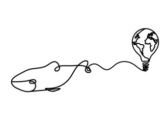 Silhouette of fish and light bulb as line drawing on white background