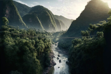 A rope bridge over a river gorge in the jungle. Made with Generative AI.	
