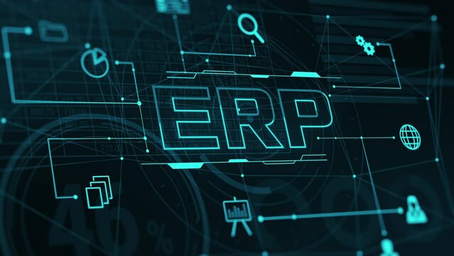 ERP software, enterprise resource planning, business and technology concept, charts data and reports, futuristic graphic interface, corporate company management (3d render)