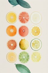 Summertime fruit watercolor background. Slices of orange, pink grapefruit, lime and lemon fruits isolated on a white background - Generative AI