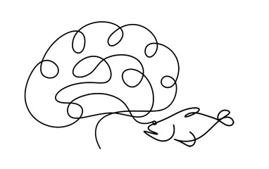 Silhouette of fish and brain as line drawing on white background